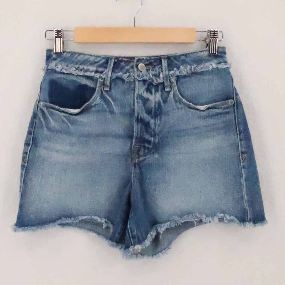Good American Bombshell Denim Shorts Womens Size 0/25 Blue Raw Hem High Waist